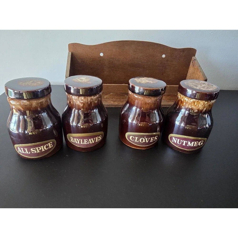 Stoneware Spice Jars Set of 4 with Rack Vintage Japan Brown Glaze